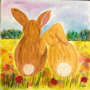 Hand painted watercolor original painting bunny rabbits